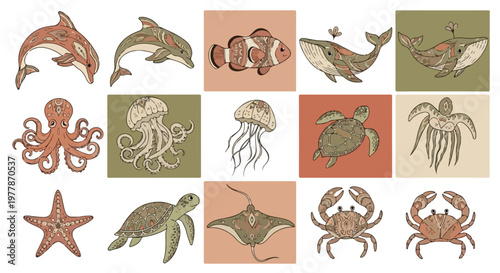 Collage of various sea creatures including a dolphin, whale, octopus, and turtle in a colorful tribal style against a white background with earthy tones