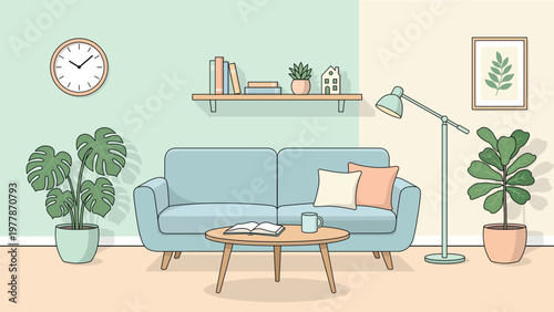 Flat design illustration of a stylish living room background