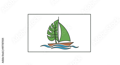 Tropical Sailboat with Monstera Leaf Sail on Blue Waves