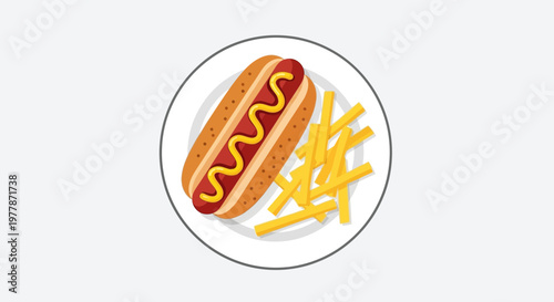 Hot Dog and French Fries on Plate, Mustard Drizzle, Fast Food Meal, Top View