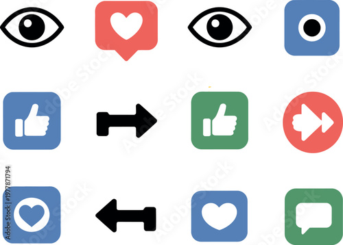 Set of social media interaction icons transparent background with like view share comment symbols