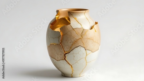bennington. Shattered ceramic vase repaired with golden lacquer, kintsugi art on simple background. event programs, museum guides, designed for cultural heritage projects and event programs.