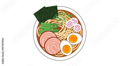 Japanese Ramen Noodle Soup Bowl with Egg, Pork, and Seaweed Illustration