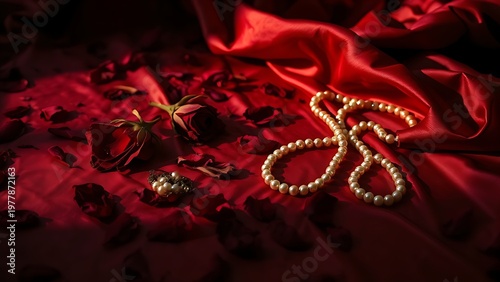 unawareness. A disheveled red silk sheet with scattered wilted rose petals and a broken pearl necklace. wellbeing guides, coaching materials, designed for coaching and self-improvement content.