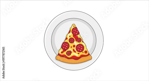 Slice of Pepperoni Pizza on White Plate, Vector Illustration