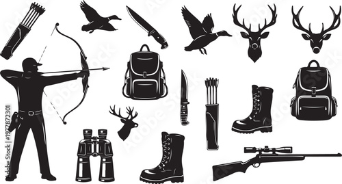 Hunting and outdoor gear silhouette icons for adventure seekers
