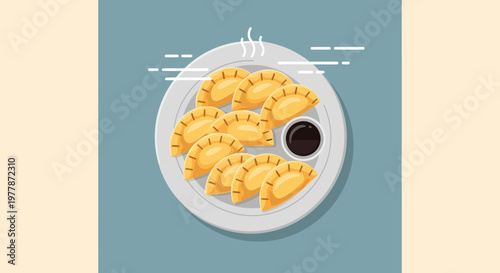 Steaming Dumplings with Soy Sauce - Flat Illustration
