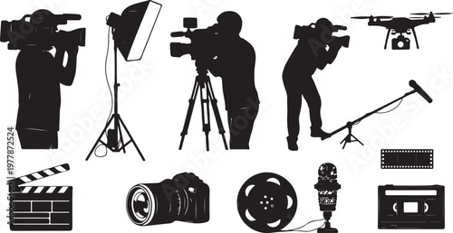 Film and photography equipment in black silhouette style icons