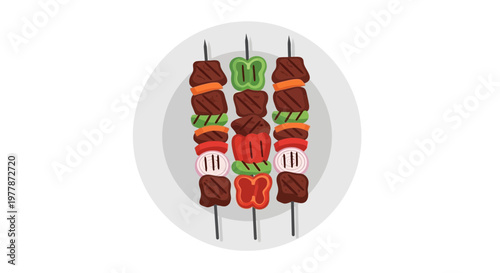 Barbecue Skewers with Meat and Vegetables on White Plate, Flat Design
