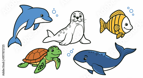 Cartoon marine animals in water.