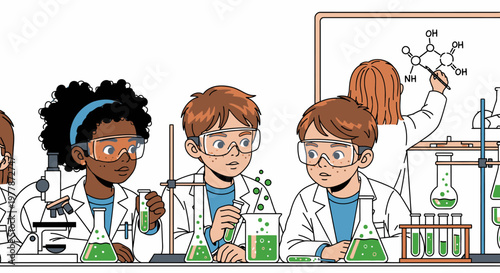 Children in lab coats working science.