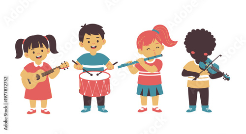 Children playing musical instruments together.