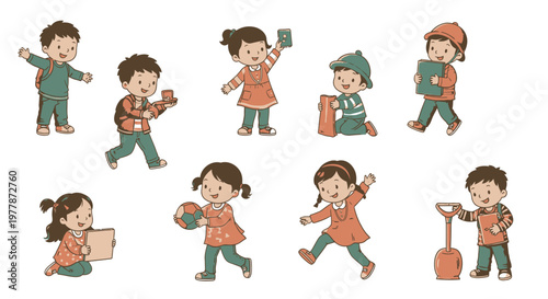 Children Playing Various Fun Activities Outdoors.