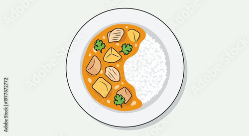 Chicken Curry with Rice, Delicious Indian Food Illustration, Top View