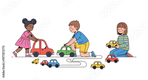 Children Playing With Toy Cars Together.