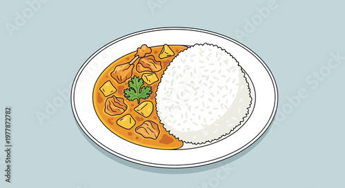 Chicken Curry and Rice Plate - Delicious Asian Food Illustration