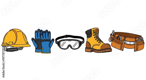 Construction worker safety equipment set.