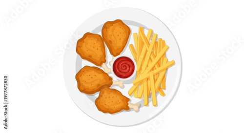 Crispy Chicken Nuggets and Fries with Ketchup on White Plate - Top View