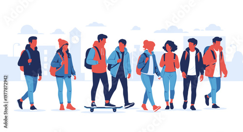 Diverse group of young adults walking.