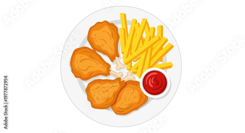 Crispy Fried Chicken and Fries with Ketchup on White Plate