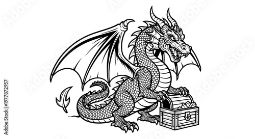 Dragon sitting next to treasure chest.