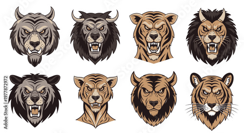 Eight fierce animal heads illustration.