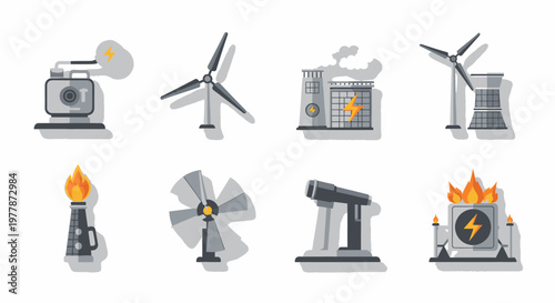 Energy production industrial power icons set.