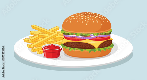 Delicious Cheeseburger with Fries and Ketchup on a Plate - Flat Design
