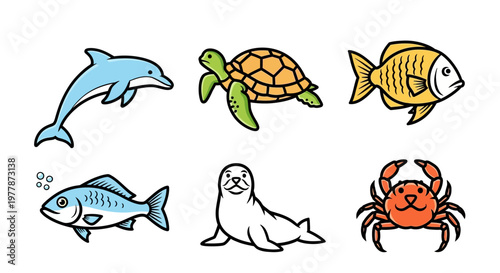 Marine animals in cartoon style.