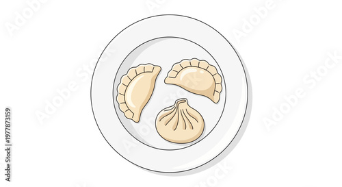 Delicious Dumplings on a White Plate, Top View - Vector Illustration