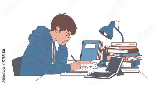 Young man studying with laptop computer.