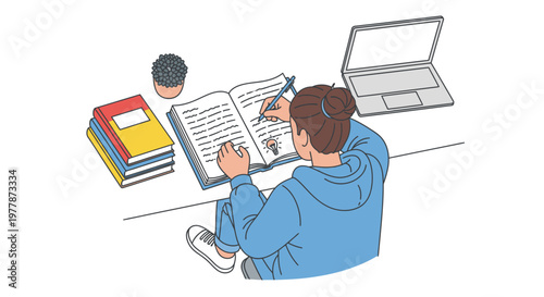Young man studying with books laptop 1.