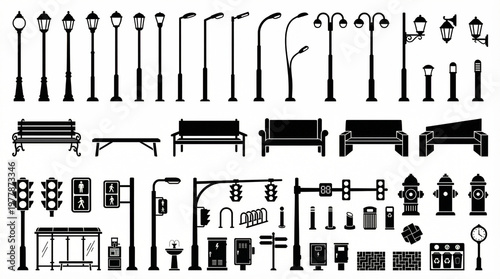 Cityscape Collection: A comprehensive collection of street elements, providing a diverse range of urban design options. featuring silhouette designs of various street lamps, benches, traffic lights.