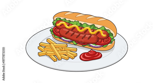 Delicious Hot Dog with Fries and Ketchup on a Plate, Fast Food Meal Illustration