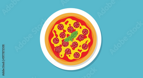 Delicious Pepperoni Pizza Slice with Basil on Blue Background, Flat Design
