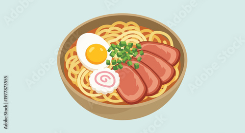 Delicious Ramen Bowl with Egg, Meat, and Narutomaki