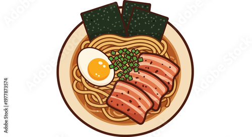 Delicious Ramen Bowl Illustration with Pork Belly, Egg, and Seaweed