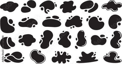 Collection of black ink splatters on white background various shapes