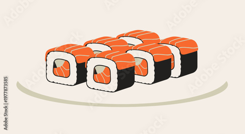 Delicious Salmon Sushi Rolls on a Plate, Japanese Food Illustration