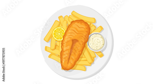 Fresh Fried Fish and Chips with Tartar Sauce and Lemon Slice