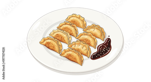 Golden Pan-Fried Dumplings with Dipping Sauce on White Plate