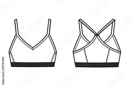 Strappy Sports Bra Flat Sketch, Women V Neck Yoga Bra Technical Drawing Front Back, Activewear Line Art Vector