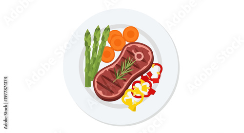 Grilled Steak Dinner with Asparagus, Carrots, and Bell Peppers on White Plate