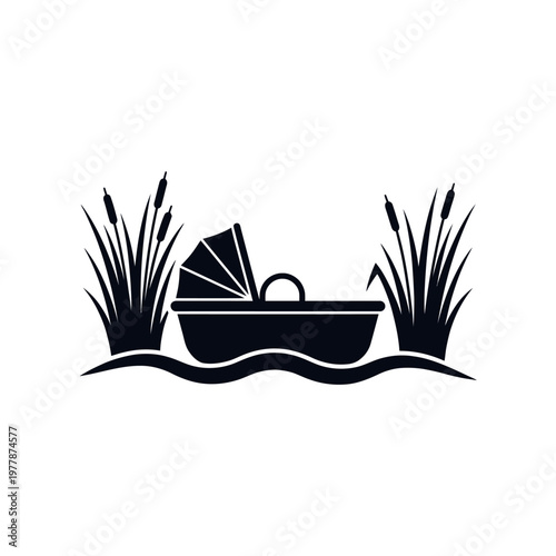 Moses basket floating on river water silhouette