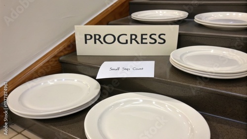 Plates arranged on stairs with sign displaying PROGRESS and motivational message about taking small steps towards goals