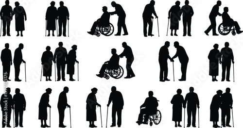 silhouette, elderly, senior, people, wheelchair, walking, cane, support, care, collection, poses, isolated, white, background, black, healthcare, assistance, aging, vector, set