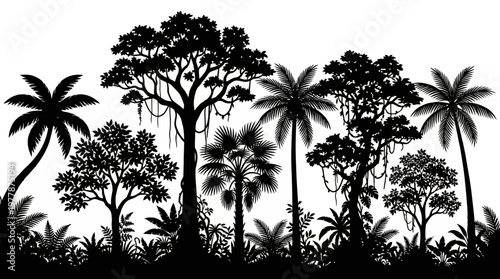 Tropical Jungle Rainforest Silhouette Background with Exotic Palm Trees, Lush Foliage, and Lianas Isolated on White for Nature Landscape Graphic Design Projects