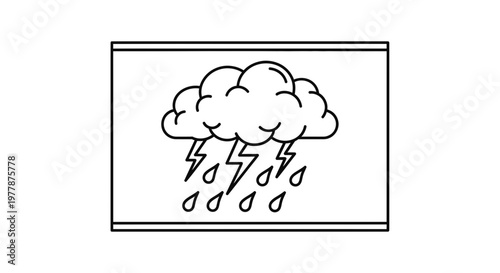 Stormy Weather Icon: Lightning, Rain Clouds, and Drops - Simple Line Art