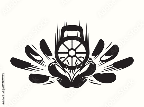 Black silhouette of apple wedges spreading from a circular slicer