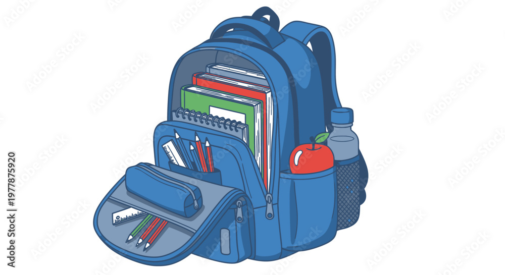 Naklejka premium Blue Backpack with School Supplies Inside.